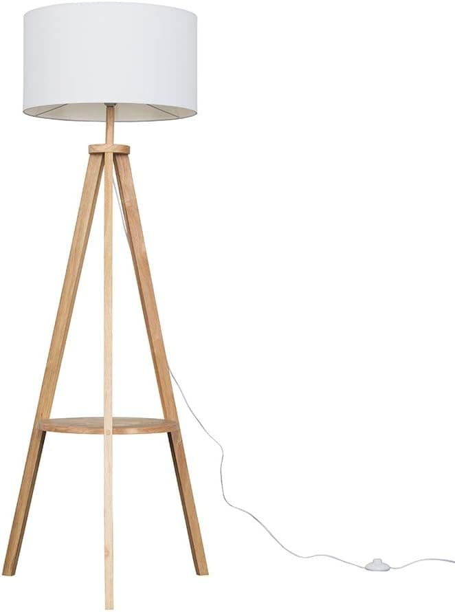 MiniSun | Modern Light Wood Tripod Design Floor Lamp with Storage Shelf and White Shade | Floor Lamps & Torchieres, Home Décor & Improvement Essential | Includes 6W LED Bulb [3000K Warm White]