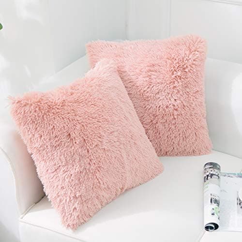 NordECO HOME Faux Fur Pink Cushion Covers Pack of 2