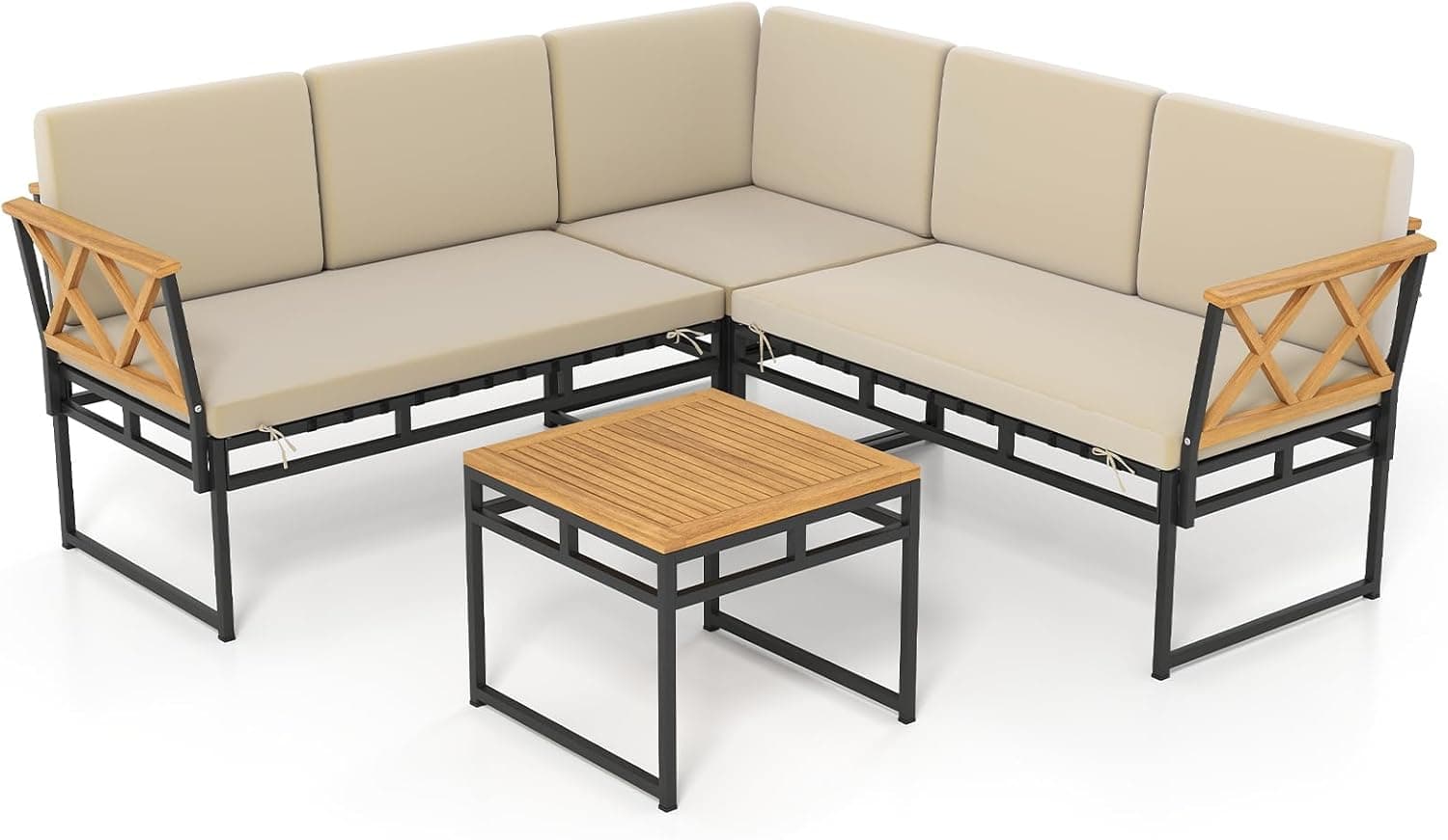 COSTWAY 5 Seater Garden Corner Sofa Set, Acacia Wood Metal L-Shaped Patio Furniture Set with Thick Cushions and Coffee Table, 4-Piece Sectional Outdoor Conversation Table Chairs for Balcony Deck Yard