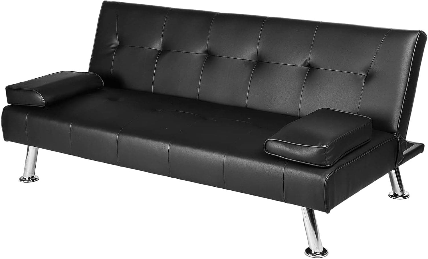3 Seater Sofa Bed Adjustable Angle Sofa with Wooden Legs for Living Room Guest Room Office (Leather Black)