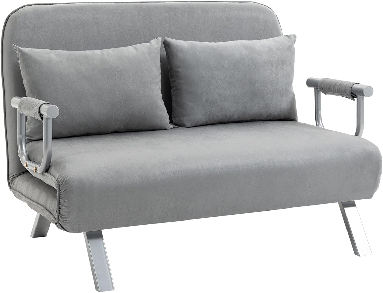 HOMCOM 2 Seater Sofa Bed, Click Clack Convertible Bed Settee, Modern Faux Suede Upholstered Sofa with 2 Pillows for Living Room, Guest Room, Light Grey