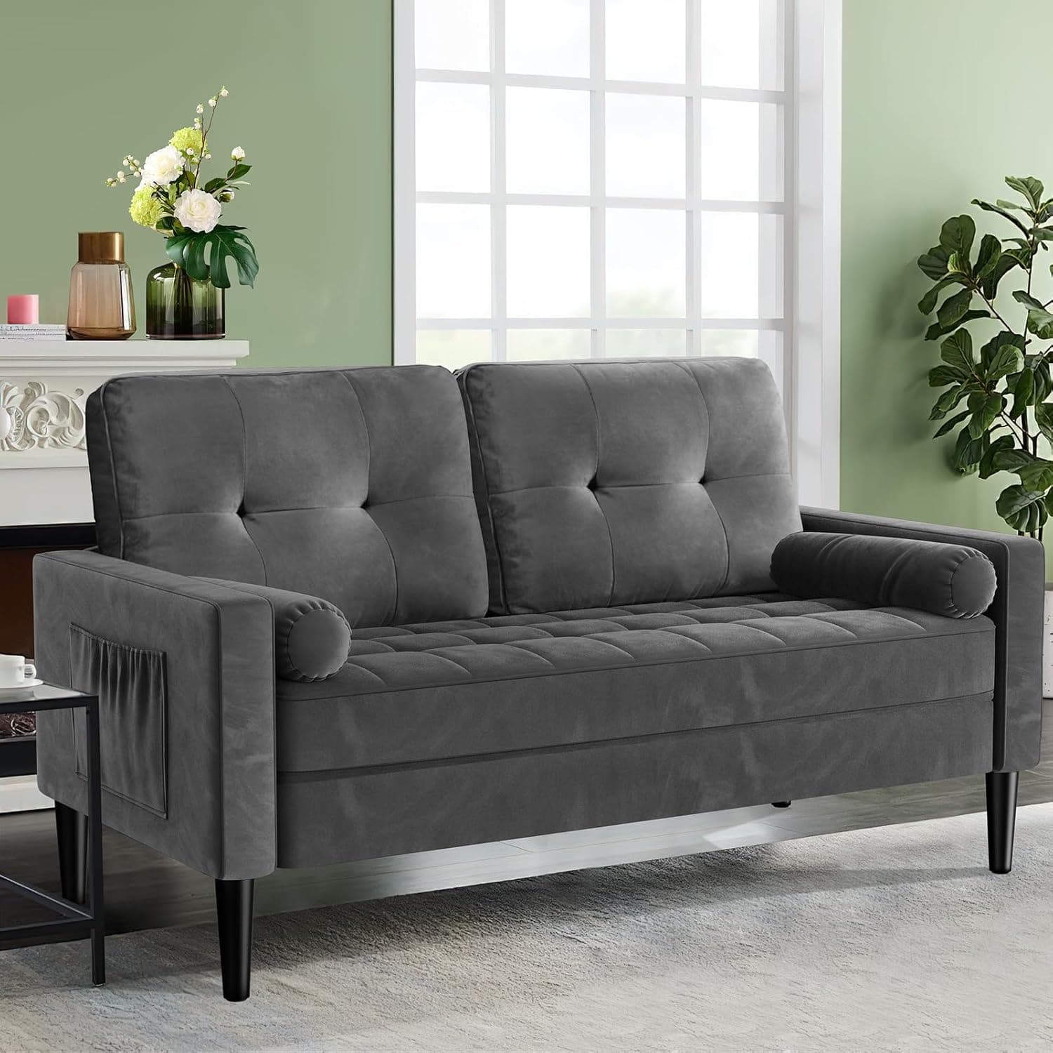 Aotumm Ciort Sofa 2 Seater, Loveseat Sofa Couch with 2 Pillows, Comfy Seat Cushion, Mid Century Modern Couch, Small Sofas for Living Room/Apartment/Bedroom, Easy Assembly Velvet Sofa, Dark Grey