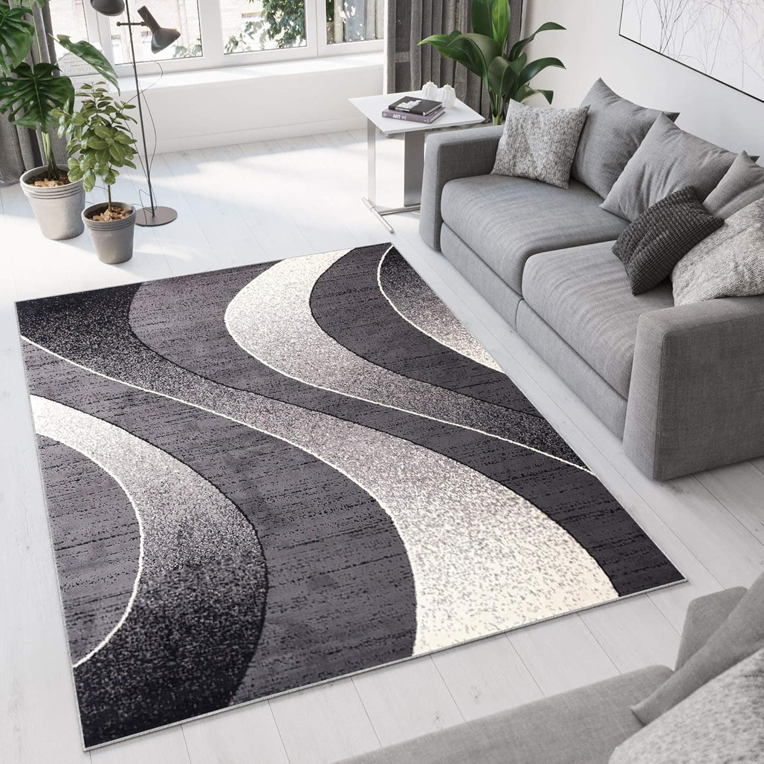 TAPISO Dream Area Rug Living Room Bedroom Modern Short Pile Dark Grey Waves Durable Carpet Size - 200 x 300 cm (6ft7 x 9ft10)